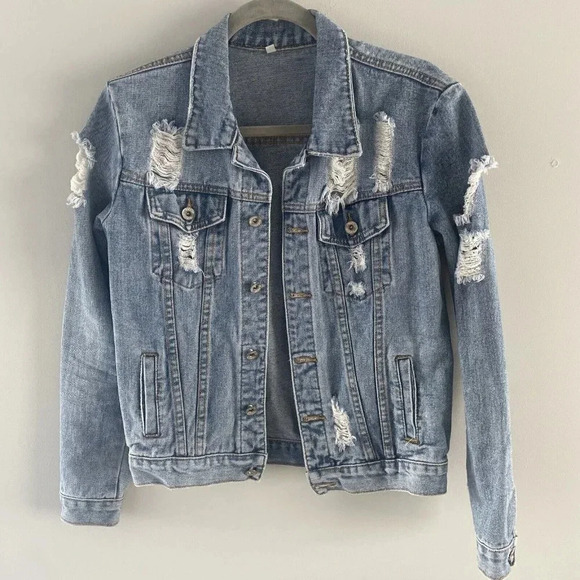 Jackets & Blazers - Womens Distressed Denim Jacket - Light Blue Size XS